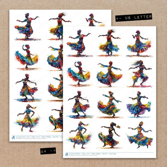 A4 and US Letter format comparison showing Dancing African Woman fussy cut pages for print and cut crafting