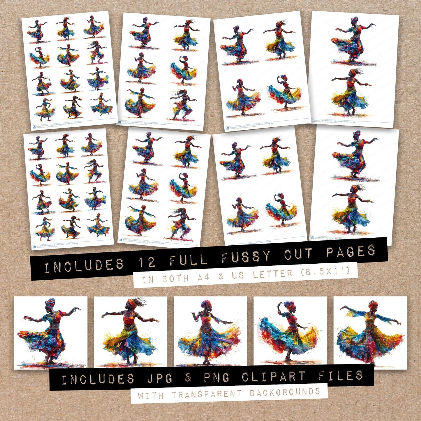 Full collection view of Dancing African Woman fussy cut sheets with bonus clipart JPG and PNG files