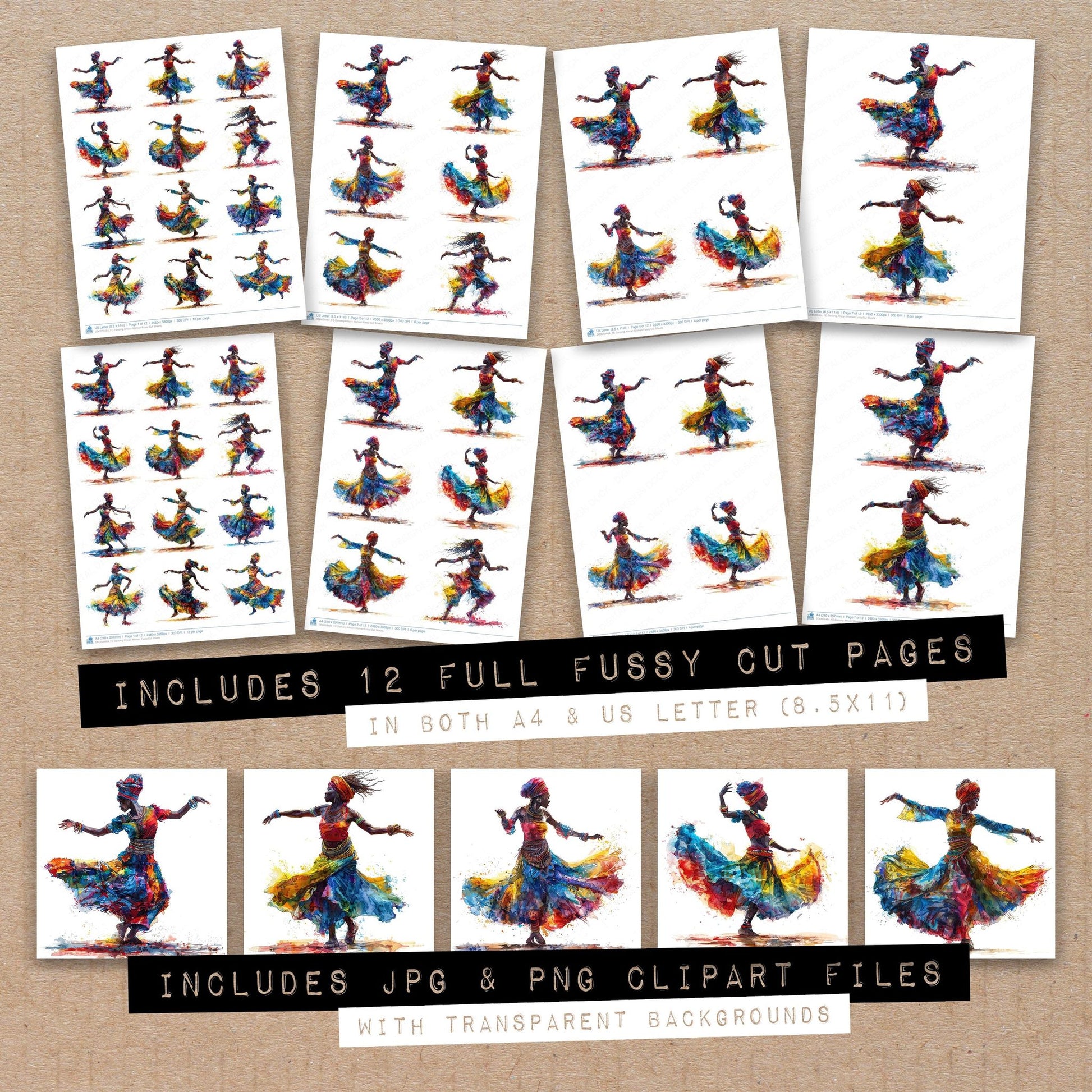 Full collection view of Dancing African Woman fussy cut sheets with bonus clipart JPG and PNG files