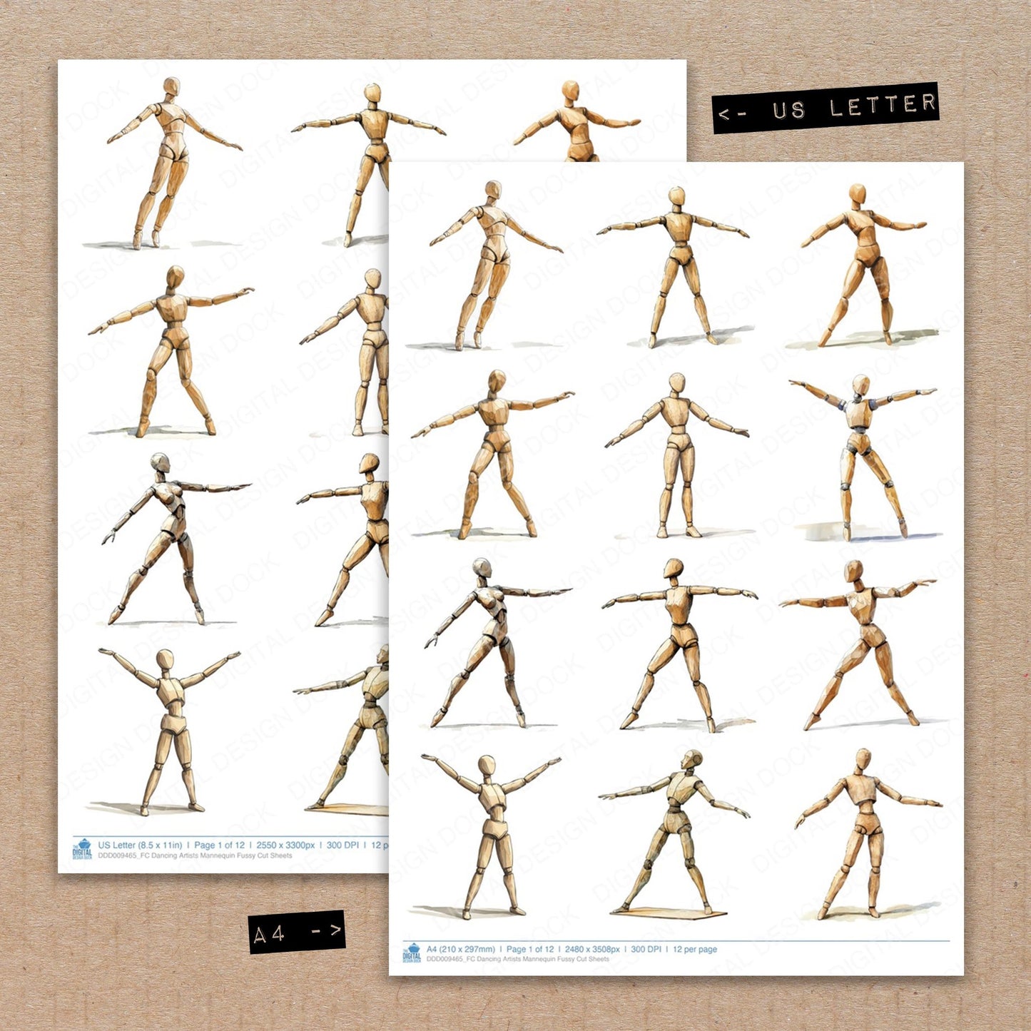 A4 and US Letter format comparison showing Dancing Artists Mannequin fussy cut pages for print and cut crafting