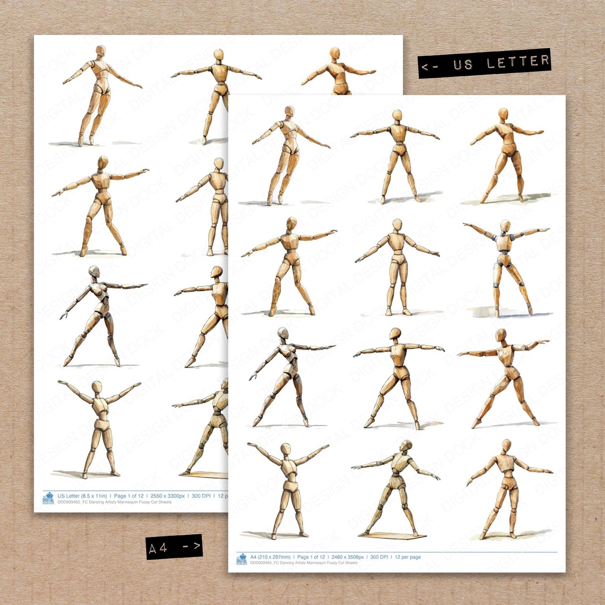 A4 and US Letter format comparison showing Dancing Artists Mannequin fussy cut pages for print and cut crafting