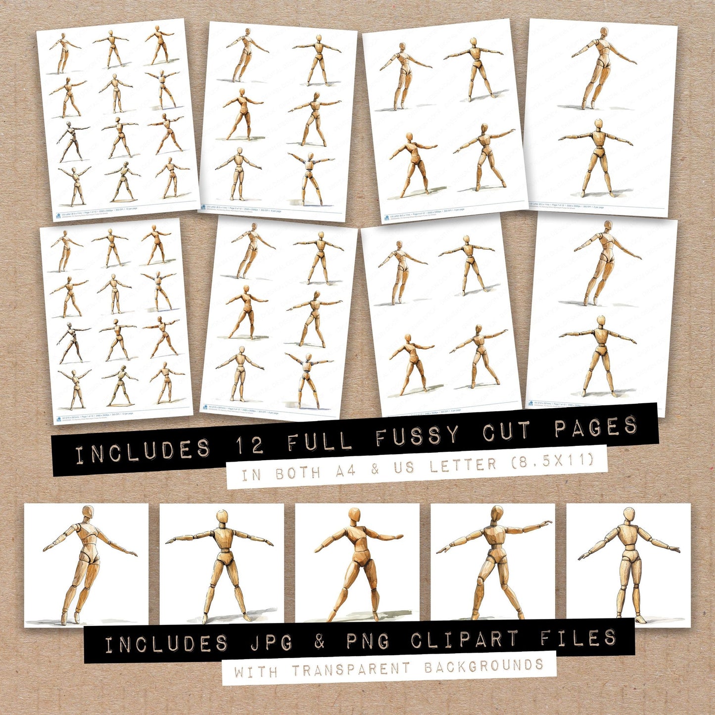 Full collection view of Dancing Artists Mannequin fussy cut sheets with bonus clipart JPG and PNG files