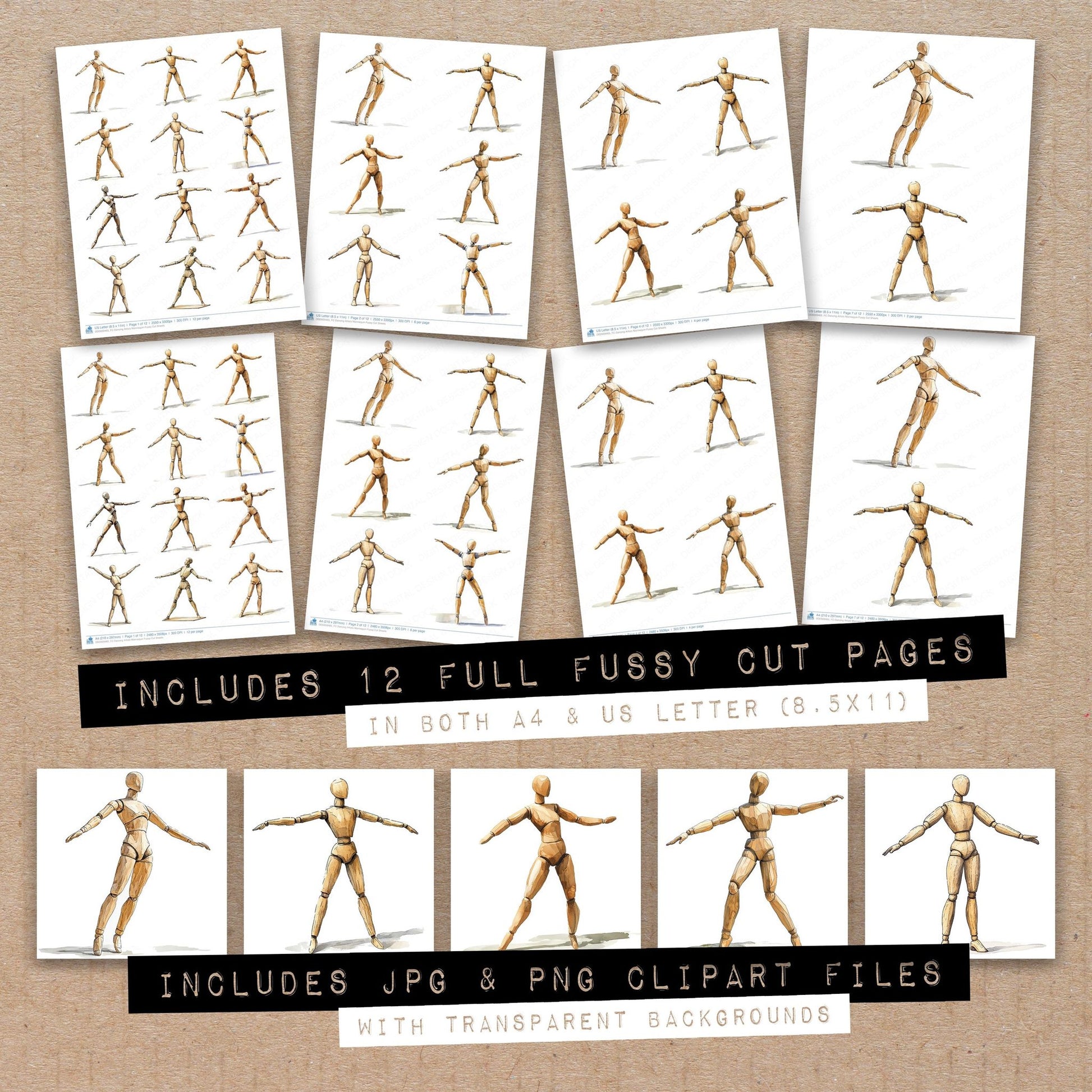 Full collection view of Dancing Artists Mannequin fussy cut sheets with bonus clipart JPG and PNG files