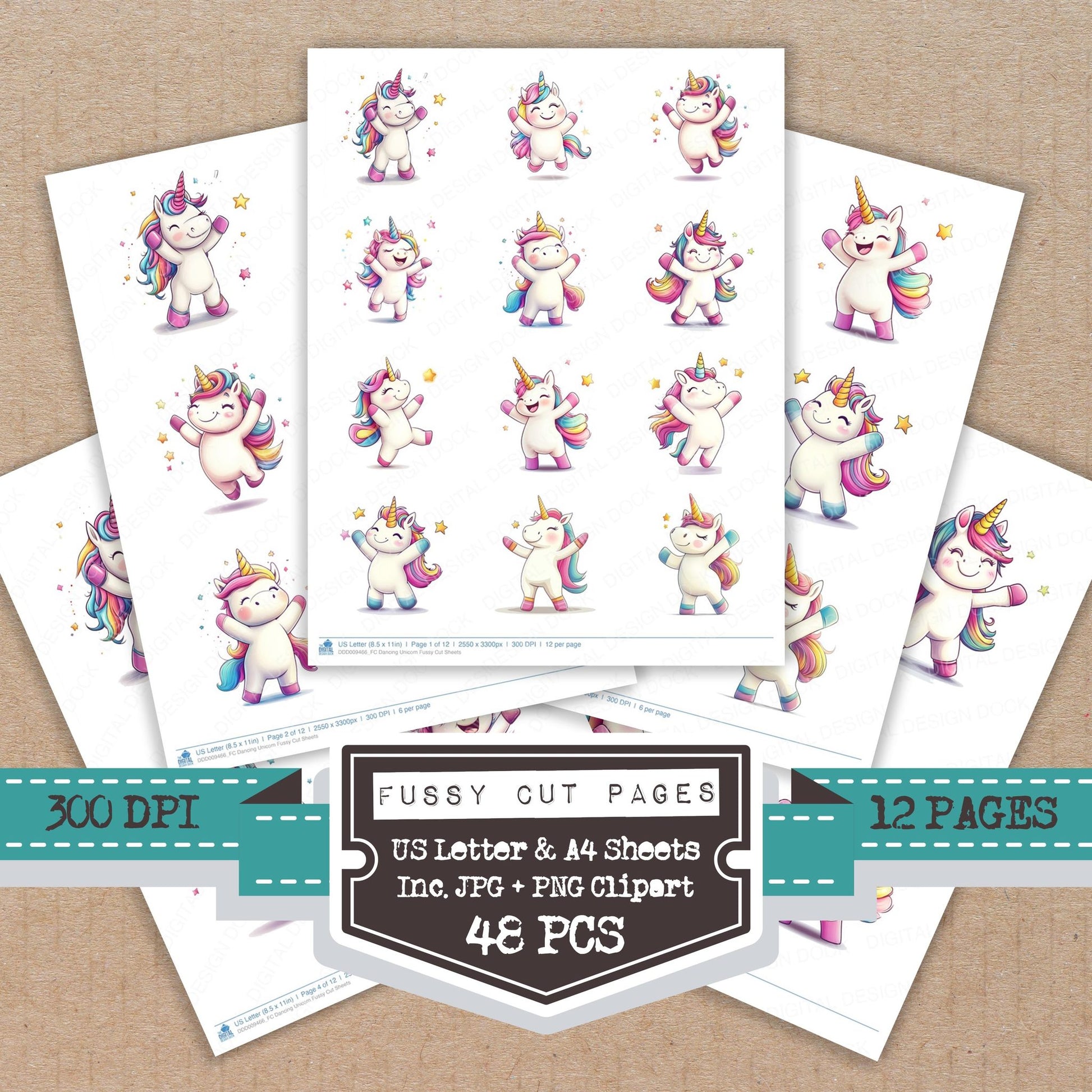 Dancing Unicorn fussy cut printable sheets for junk journaling, scrapbooking, and paper craft projects