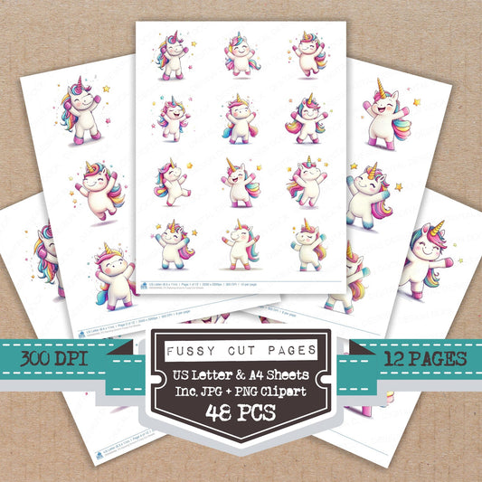 Dancing Unicorn fussy cut printable sheets for junk journaling, scrapbooking, and paper craft projects