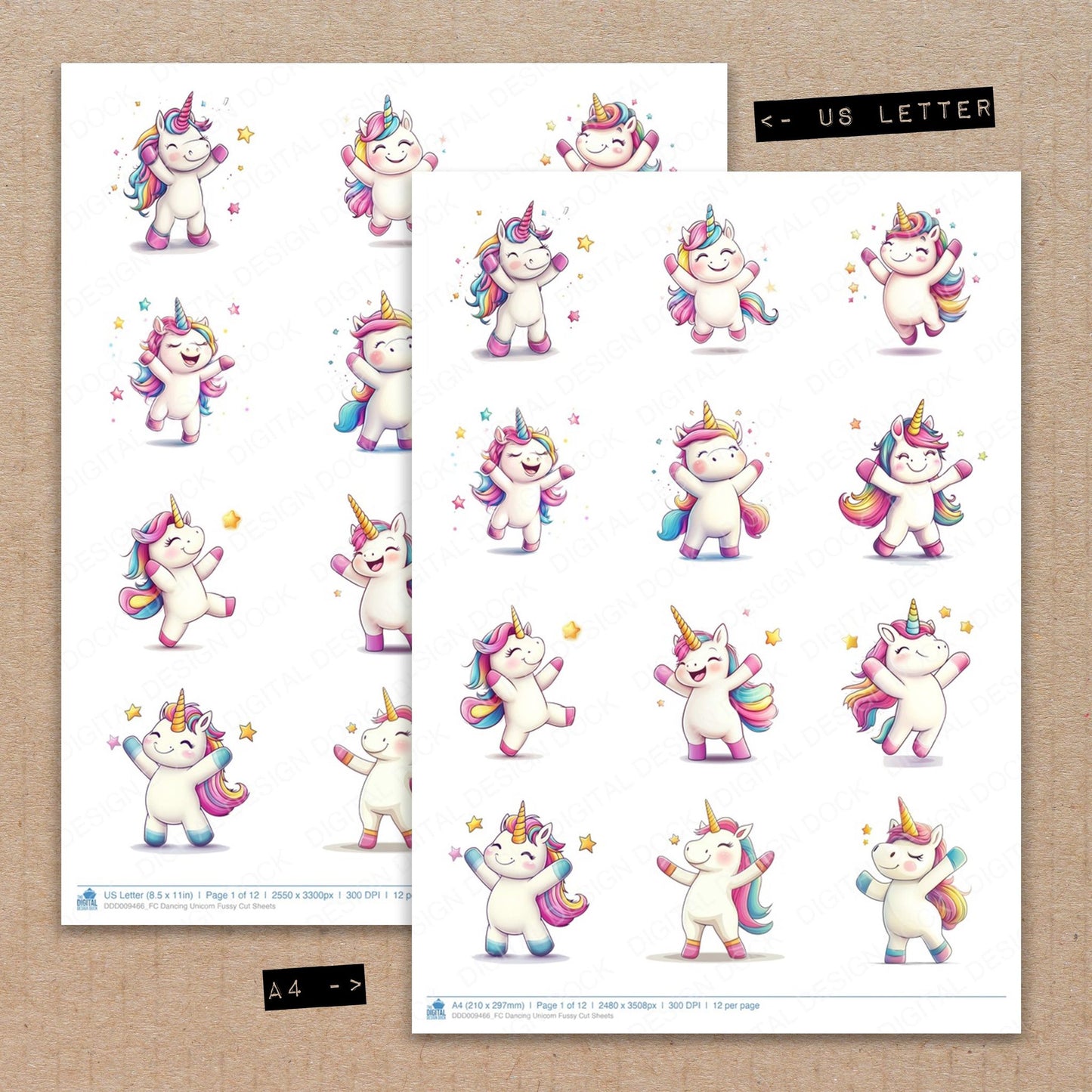 A4 and US Letter format comparison showing Dancing Unicorn fussy cut pages for print and cut crafting