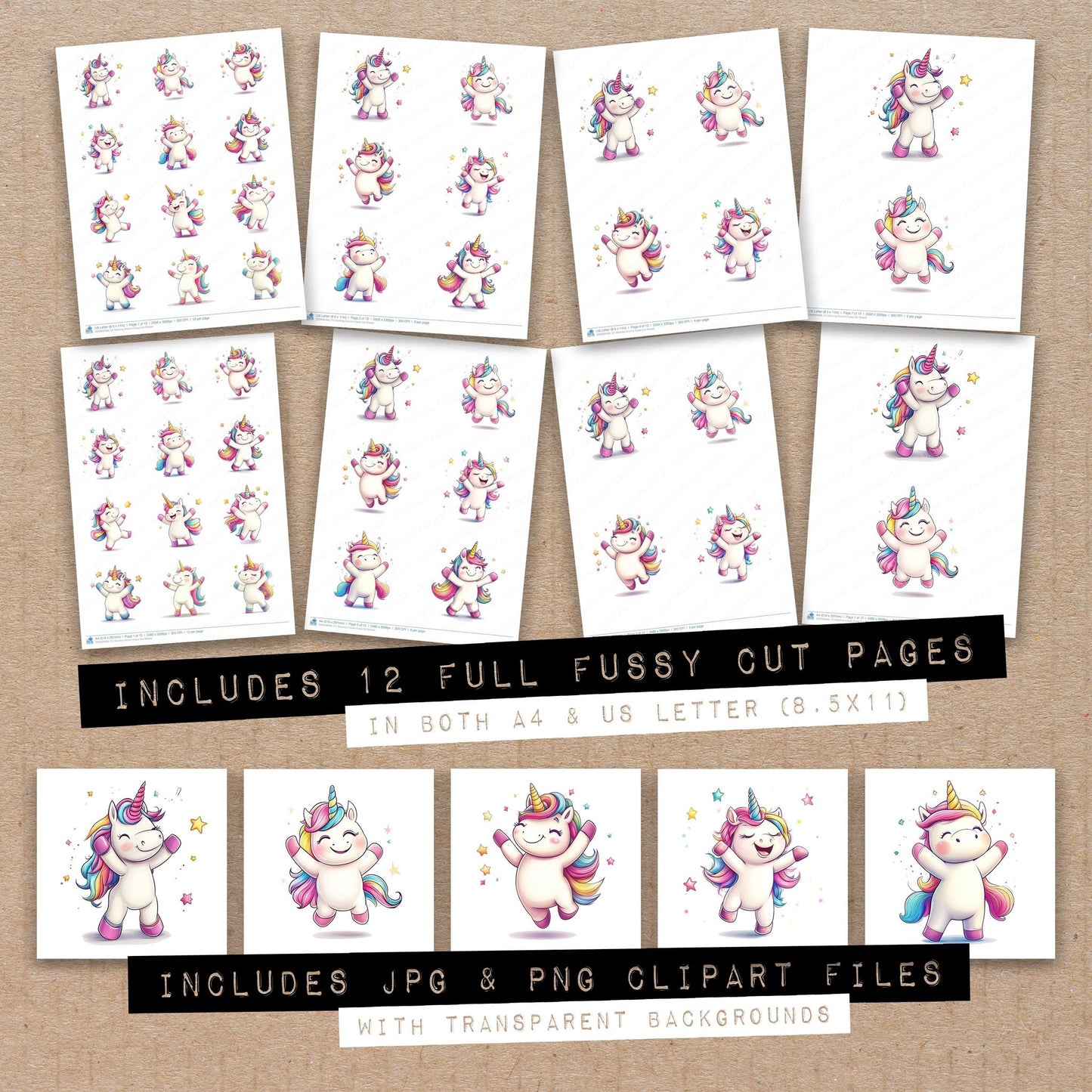 Full collection view of Dancing Unicorn fussy cut sheets with bonus clipart JPG and PNG files