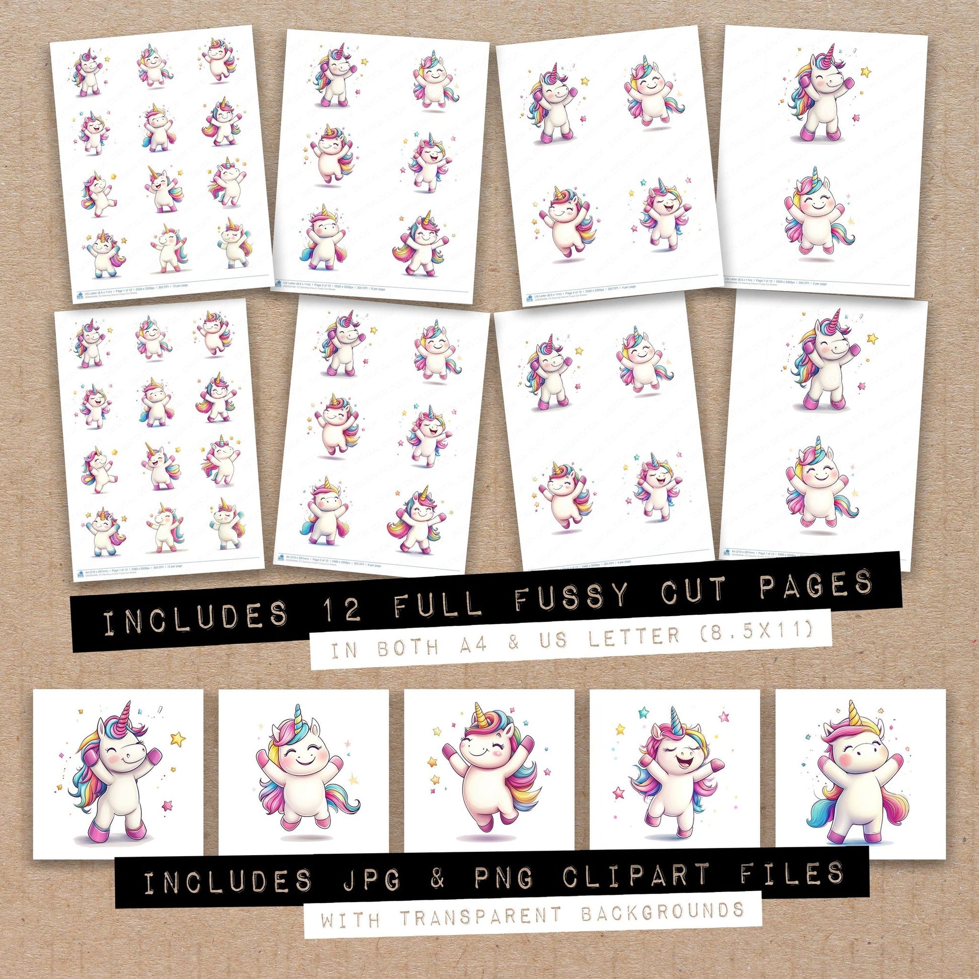 Full collection view of Dancing Unicorn fussy cut sheets with bonus clipart JPG and PNG files