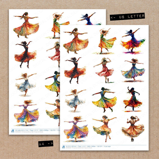 A4 and US Letter format comparison showing Dancing Woman A fussy cut pages for print and cut crafting