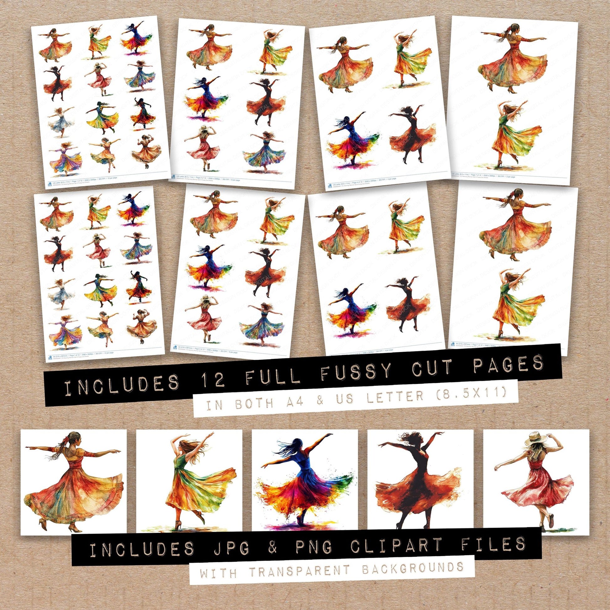 Full collection view of Dancing Woman A fussy cut sheets with bonus clipart JPG and PNG files