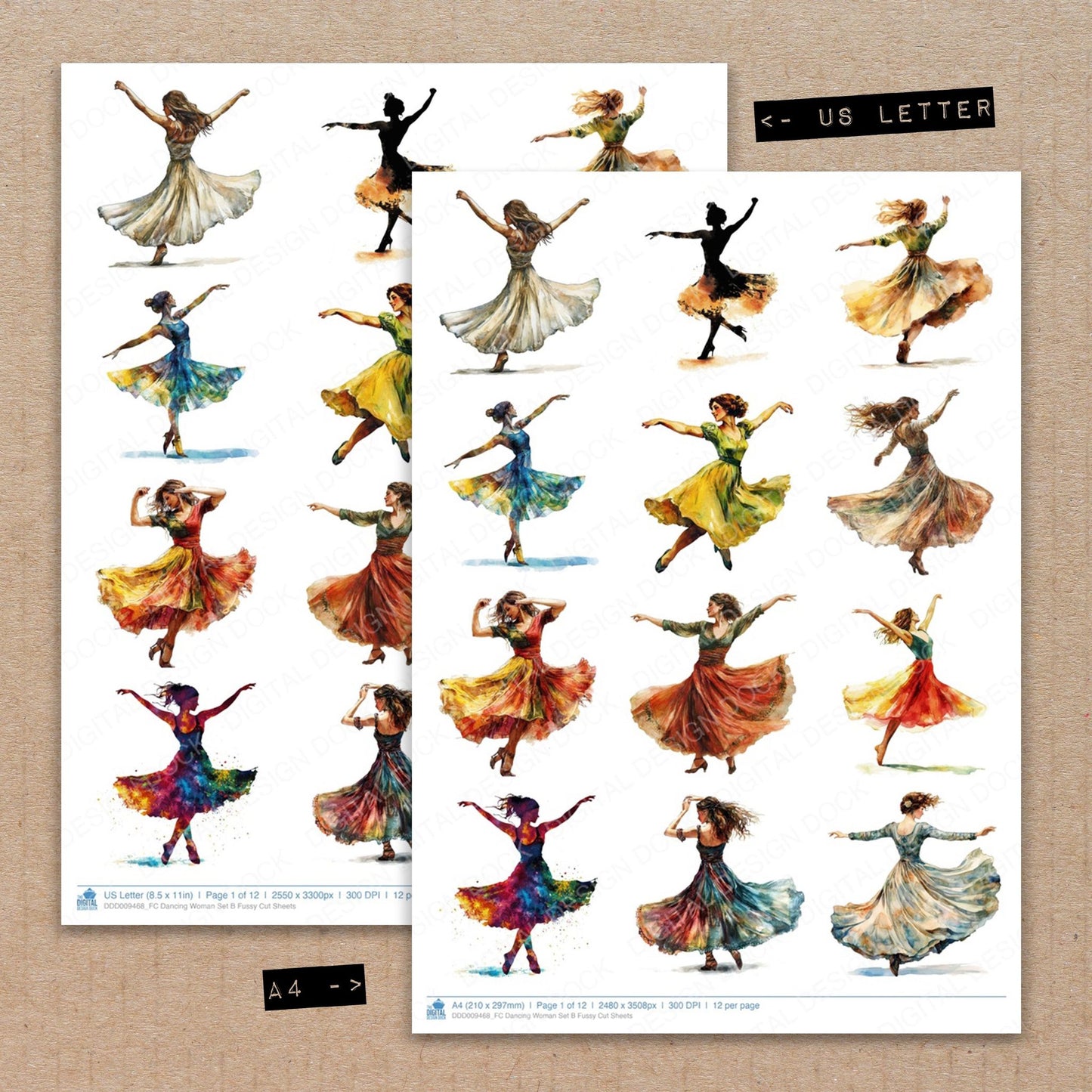 A4 and US Letter format comparison showing Dancing Woman B fussy cut pages for print and cut crafting