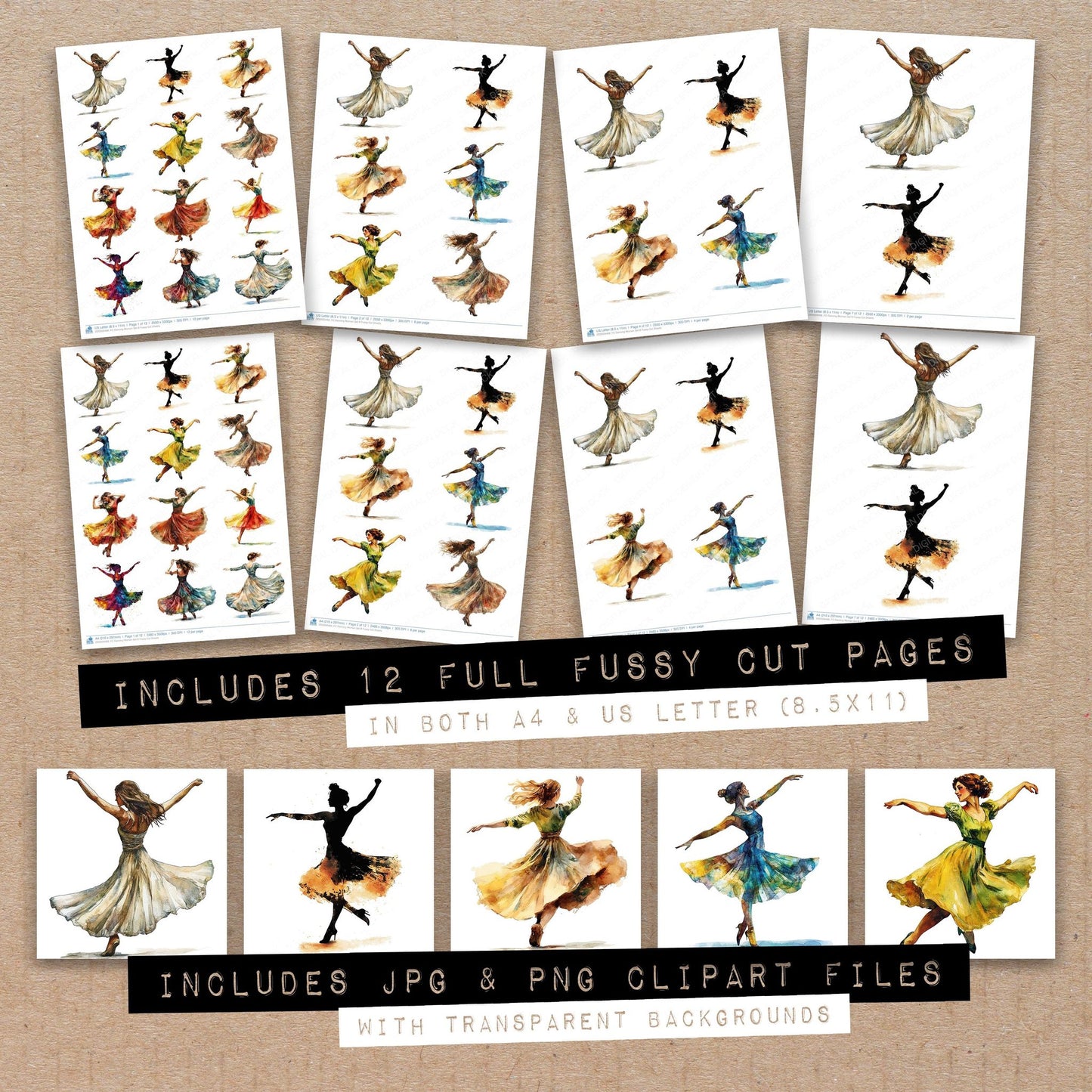 Full collection view of Dancing Woman B fussy cut sheets with bonus clipart JPG and PNG files