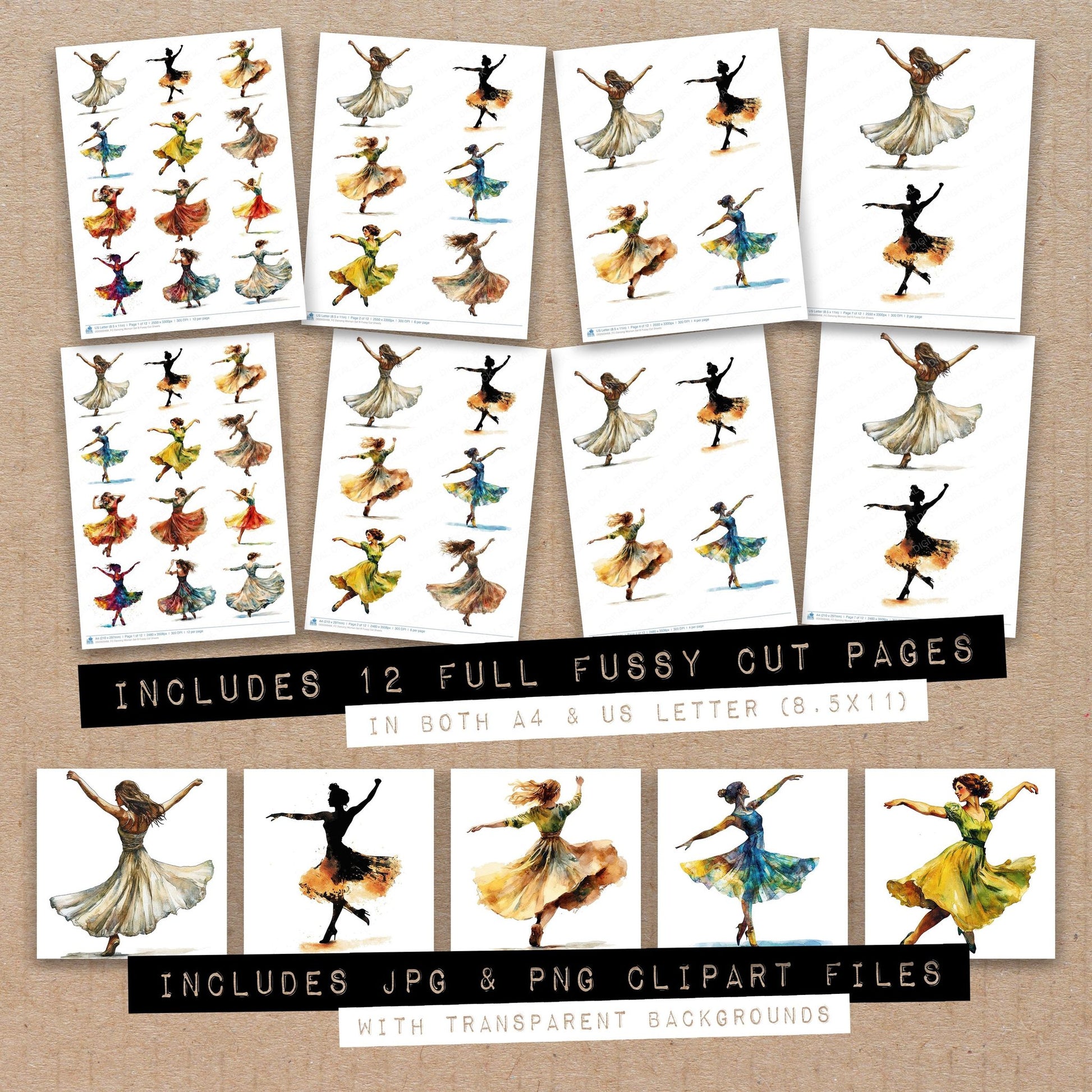 Full collection view of Dancing Woman B fussy cut sheets with bonus clipart JPG and PNG files