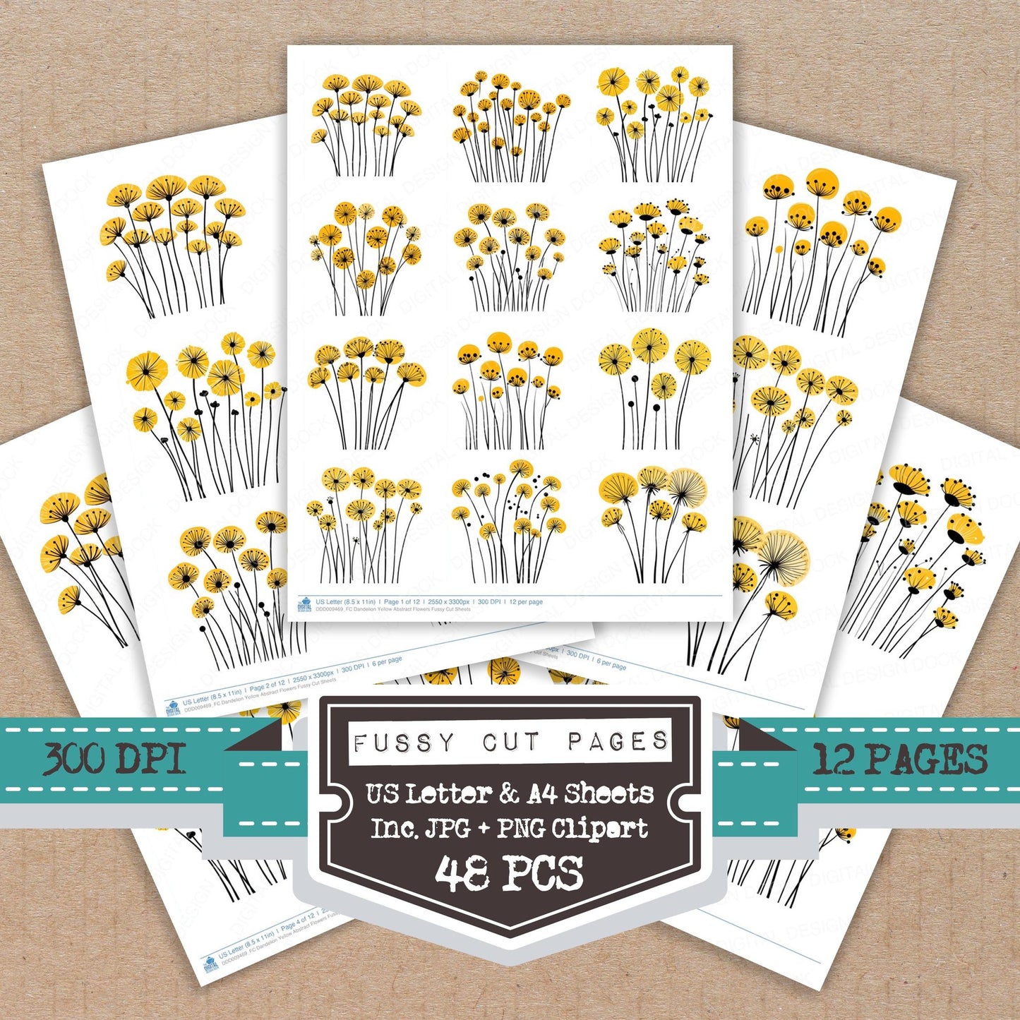 Dandelion Yellow Abstract Flowers fussy cut printable sheets for junk journaling, scrapbooking, and paper craft projects