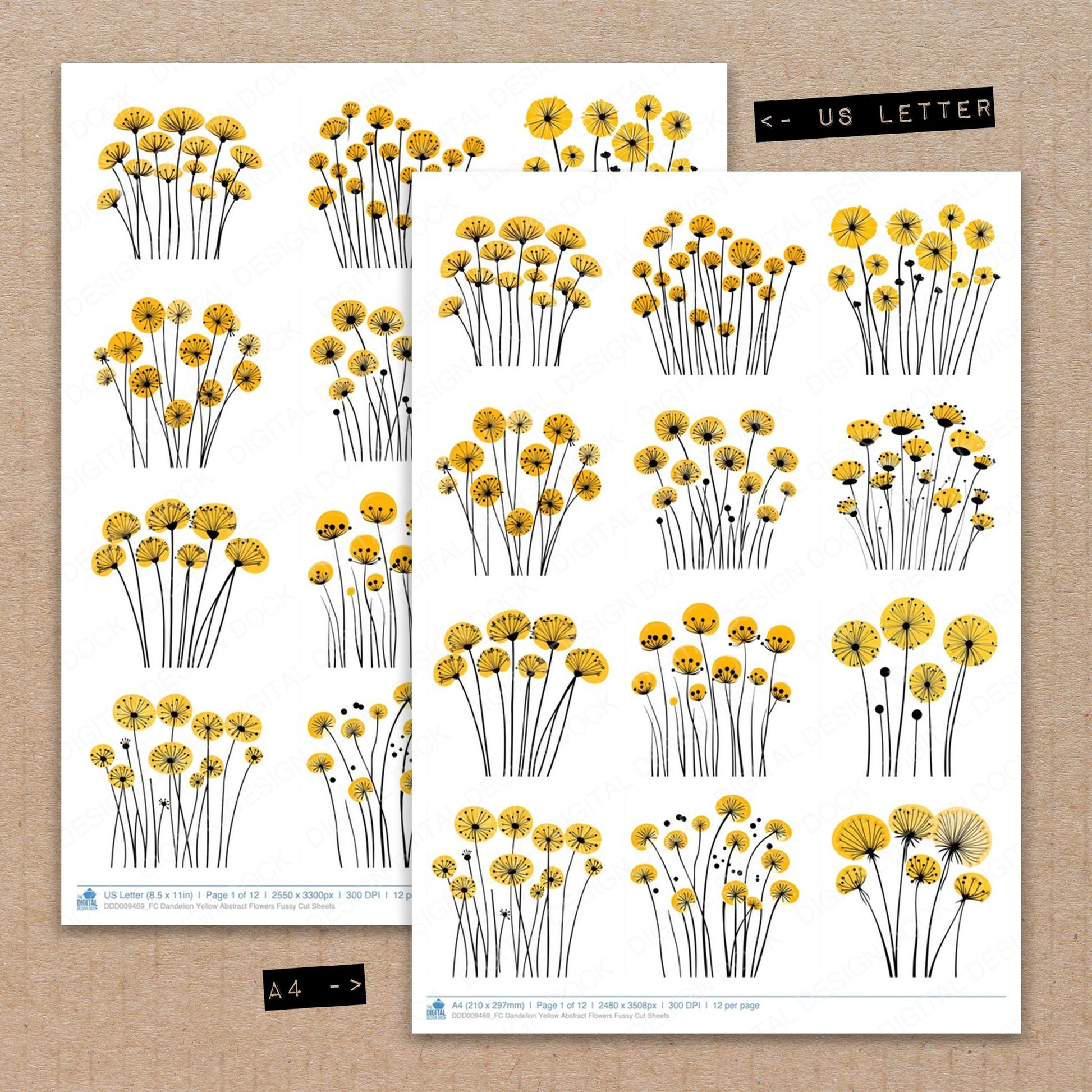 A4 and US Letter format comparison showing Dandelion Yellow Abstract Flowers fussy cut pages for print and cut crafting