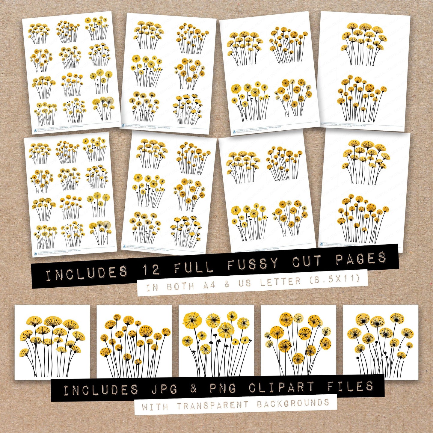 Full collection view of Dandelion Yellow Abstract Flowers fussy cut sheets with bonus clipart JPG and PNG files