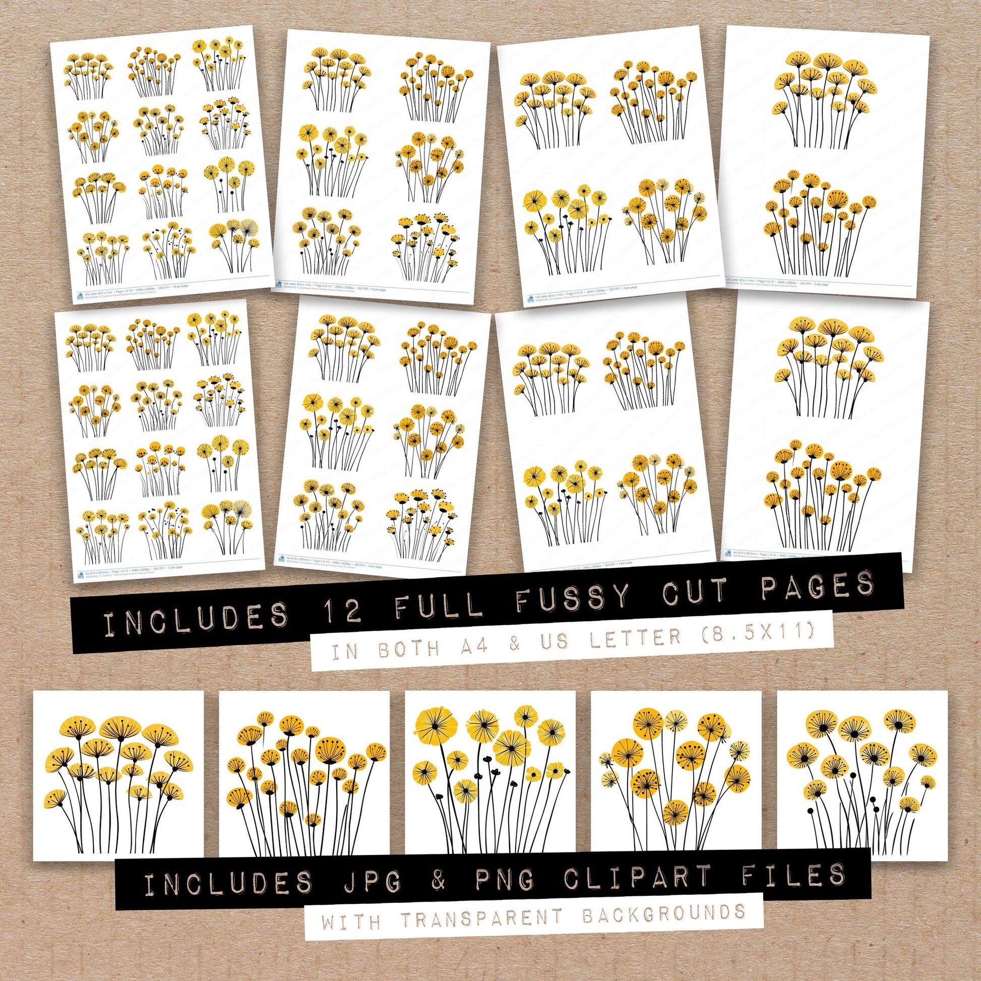 Full collection view of Dandelion Yellow Abstract Flowers fussy cut sheets with bonus clipart JPG and PNG files