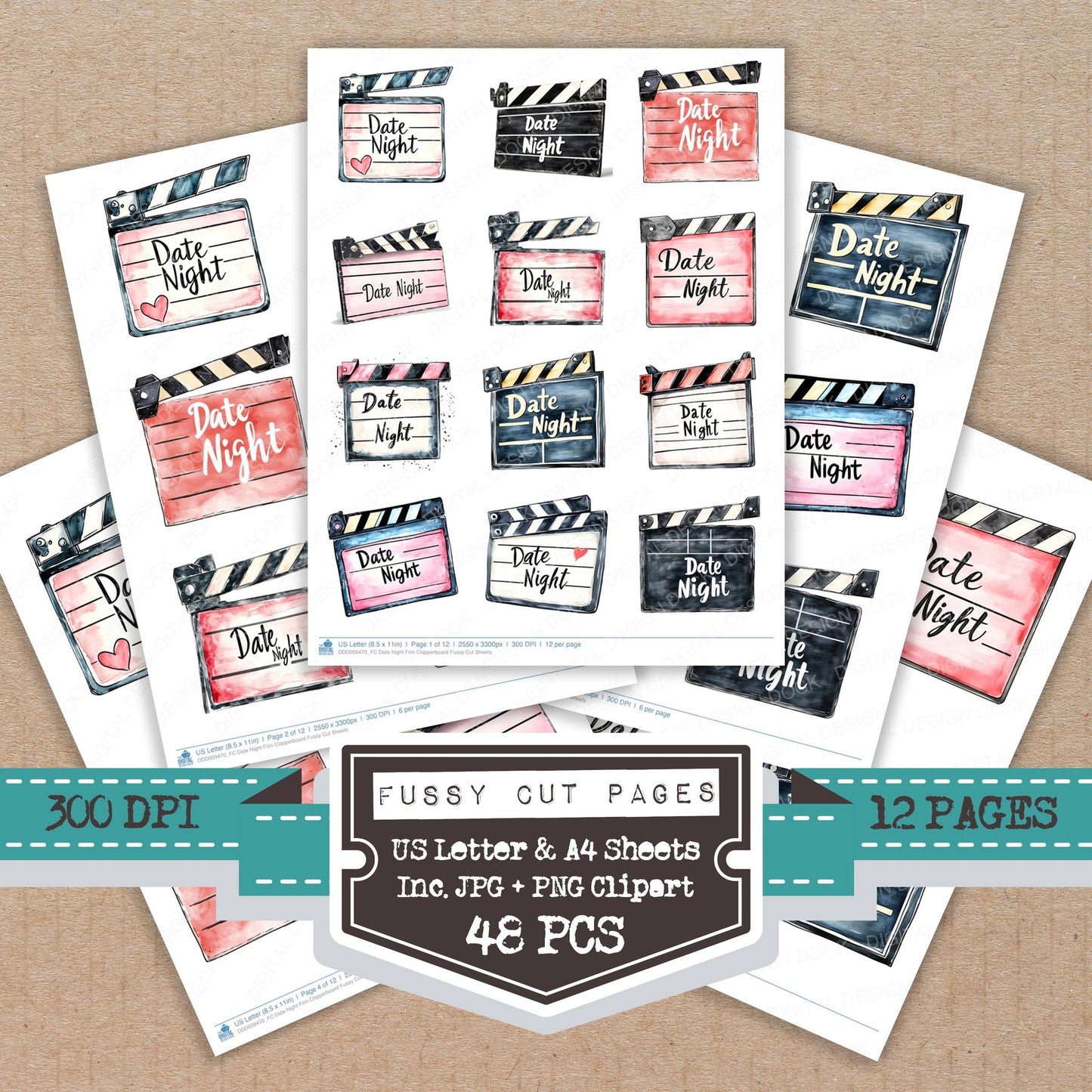 Date Night Film Clapperboard fussy cut printable sheets for junk journaling, scrapbooking, and paper craft projects