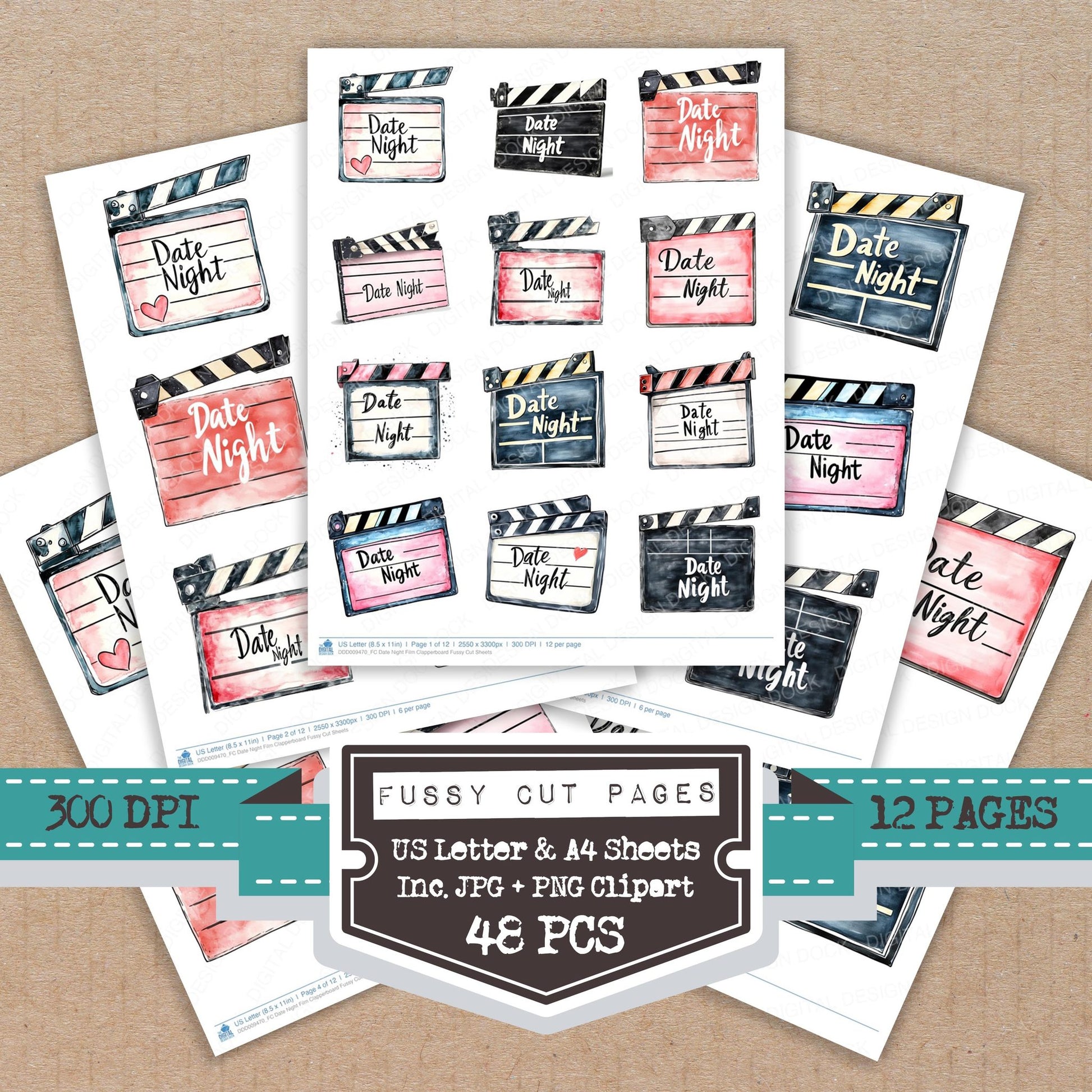 Date Night Film Clapperboard fussy cut printable sheets for junk journaling, scrapbooking, and paper craft projects