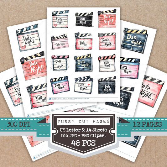 Date Night Film Clapperboard fussy cut printable sheets for junk journaling, scrapbooking, and paper craft projects