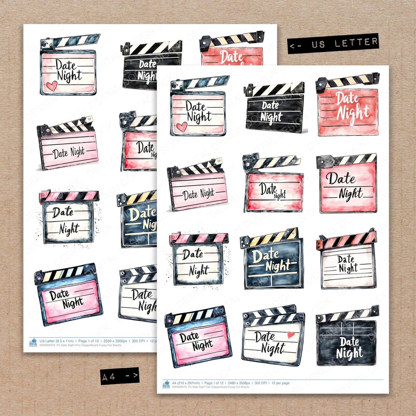 A4 and US Letter format comparison showing Date Night Film Clapperboard fussy cut pages for print and cut crafting