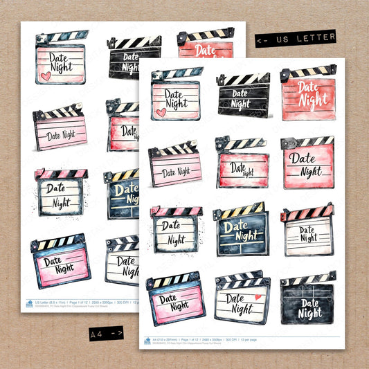 A4 and US Letter format comparison showing Date Night Film Clapperboard fussy cut pages for print and cut crafting