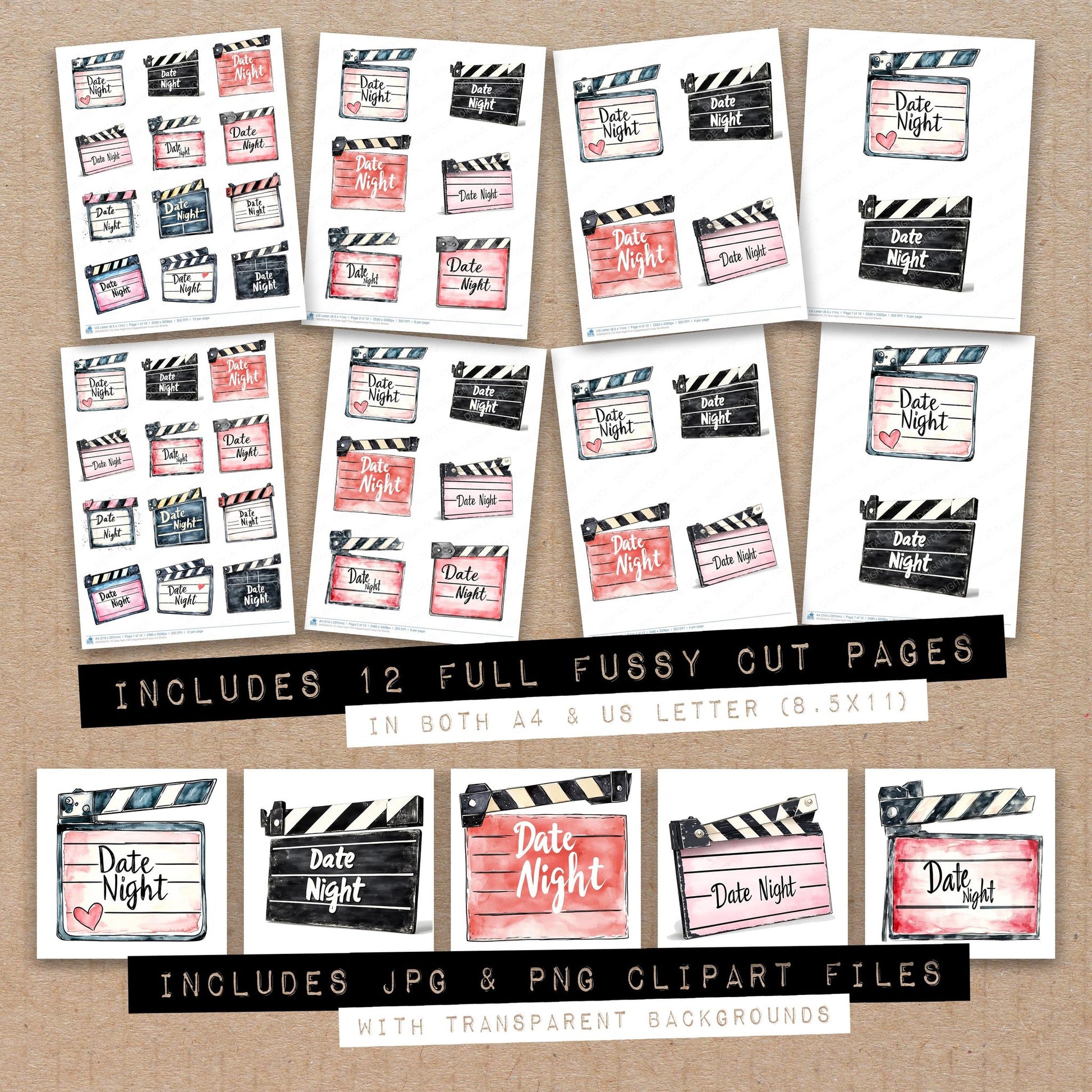 Full collection view of Date Night Film Clapperboard fussy cut sheets with bonus clipart JPG and PNG files