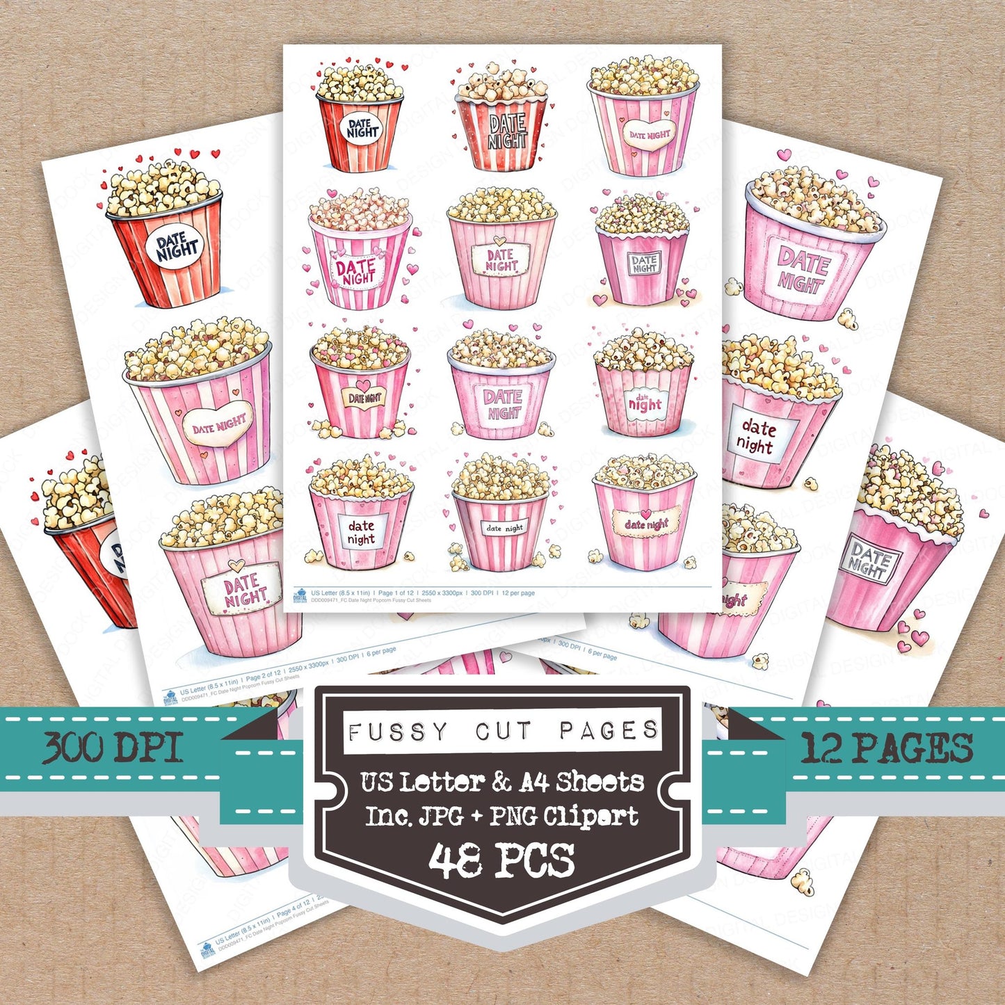 Date Night Popcorn fussy cut printable sheets for junk journaling, scrapbooking, and paper craft projects
