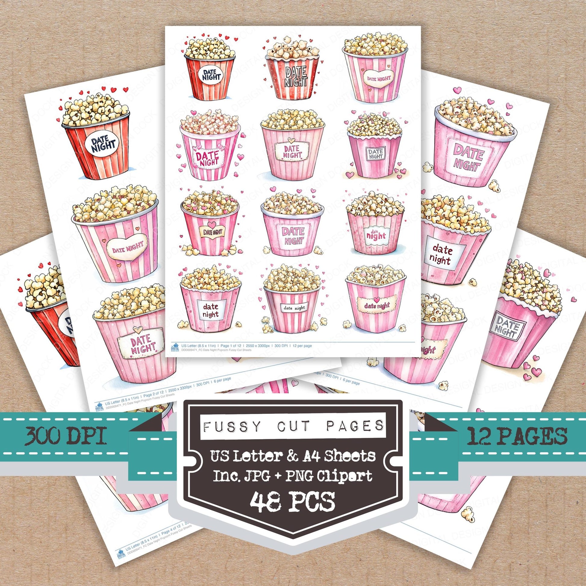 Date Night Popcorn fussy cut printable sheets for junk journaling, scrapbooking, and paper craft projects
