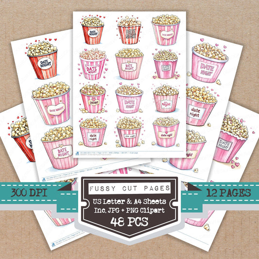 Date Night Popcorn fussy cut printable sheets for junk journaling, scrapbooking, and paper craft projects