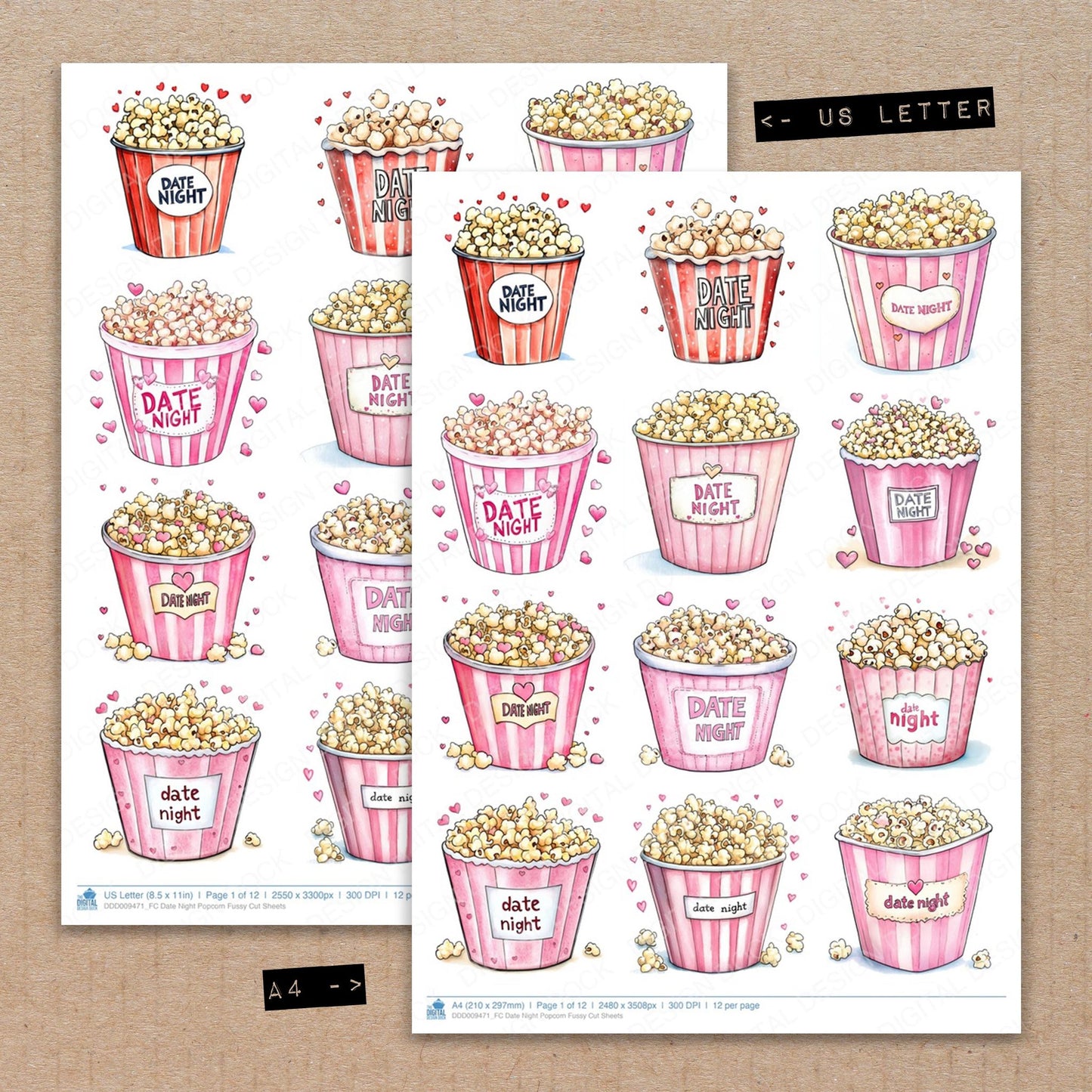 A4 and US Letter format comparison showing Date Night Popcorn fussy cut pages for print and cut crafting