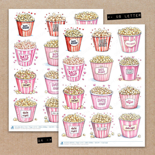 A4 and US Letter format comparison showing Date Night Popcorn fussy cut pages for print and cut crafting