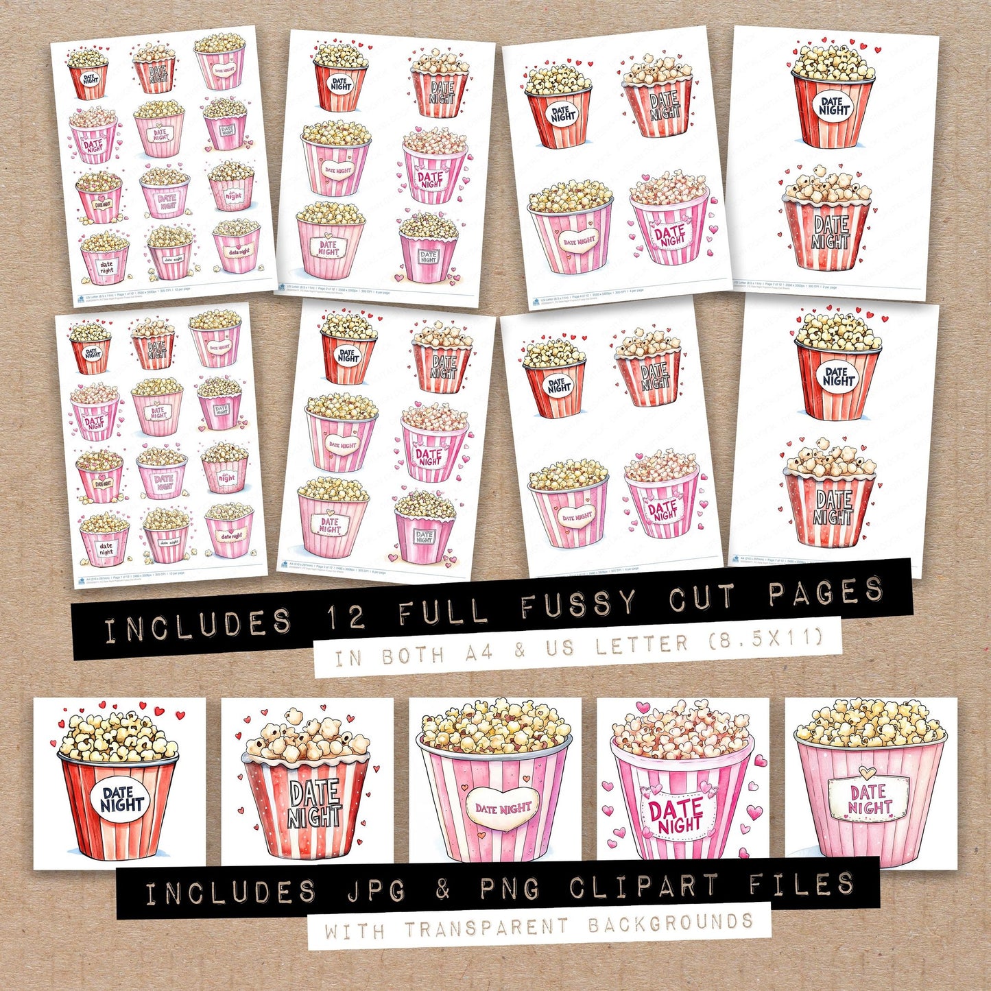 Full collection view of Date Night Popcorn fussy cut sheets with bonus clipart JPG and PNG files