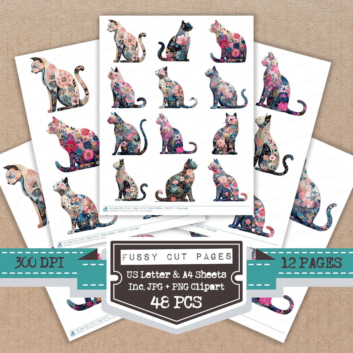 Decorative Floral Cat fussy cut printable sheets for junk journaling, scrapbooking, and paper craft projects