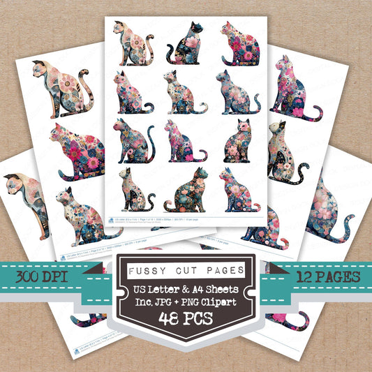 Decorative Floral Cat fussy cut printable sheets for junk journaling, scrapbooking, and paper craft projects