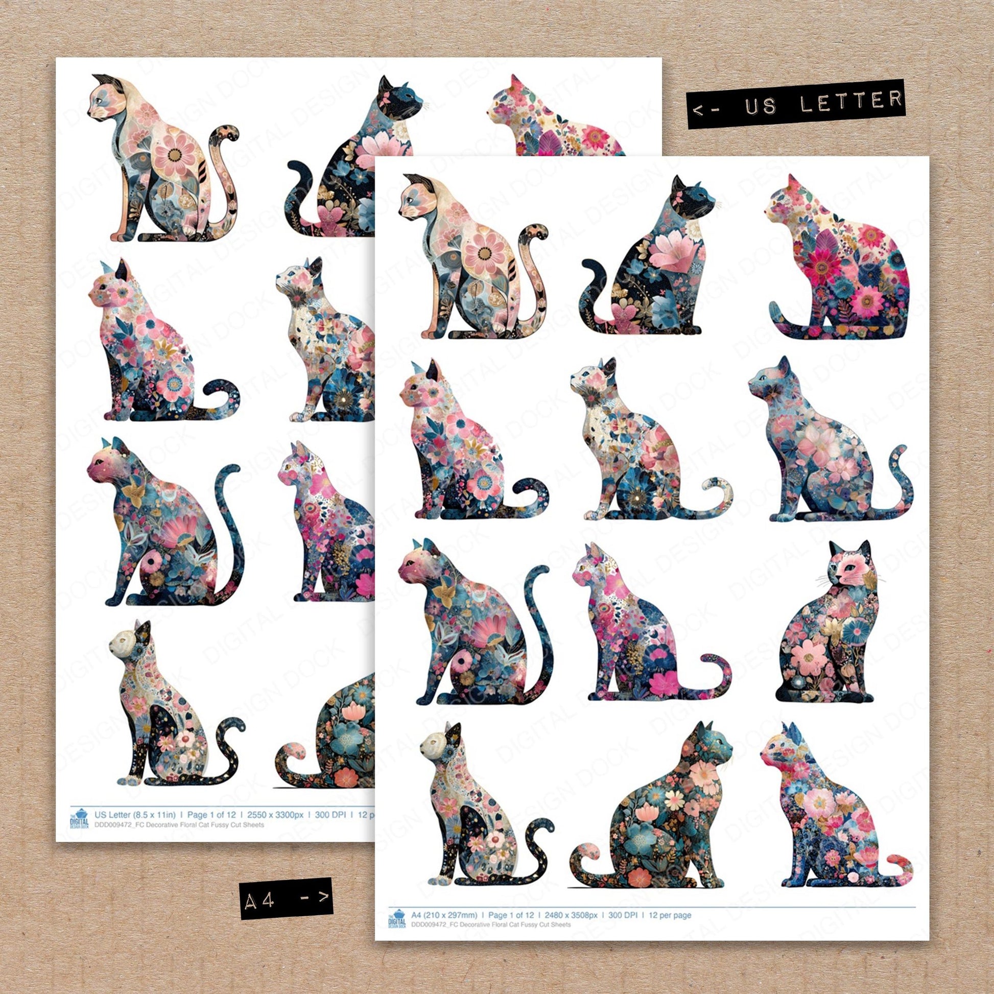 A4 and US Letter format comparison showing Decorative Floral Cat fussy cut pages for print and cut crafting
