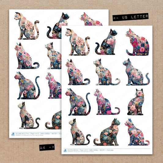 A4 and US Letter format comparison showing Decorative Floral Cat fussy cut pages for print and cut crafting