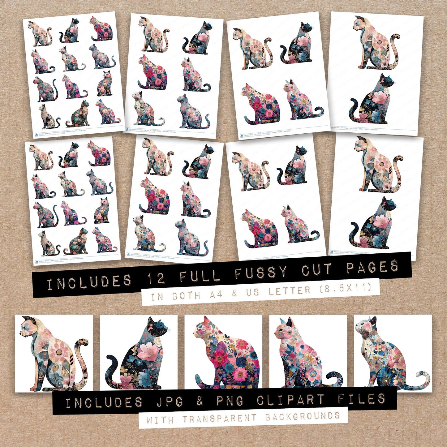Full collection view of Decorative Floral Cat fussy cut sheets with bonus clipart JPG and PNG files