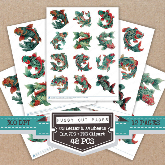 Decorative Folk Koi Carp fussy cut printable sheets for junk journaling, scrapbooking, and paper craft projects