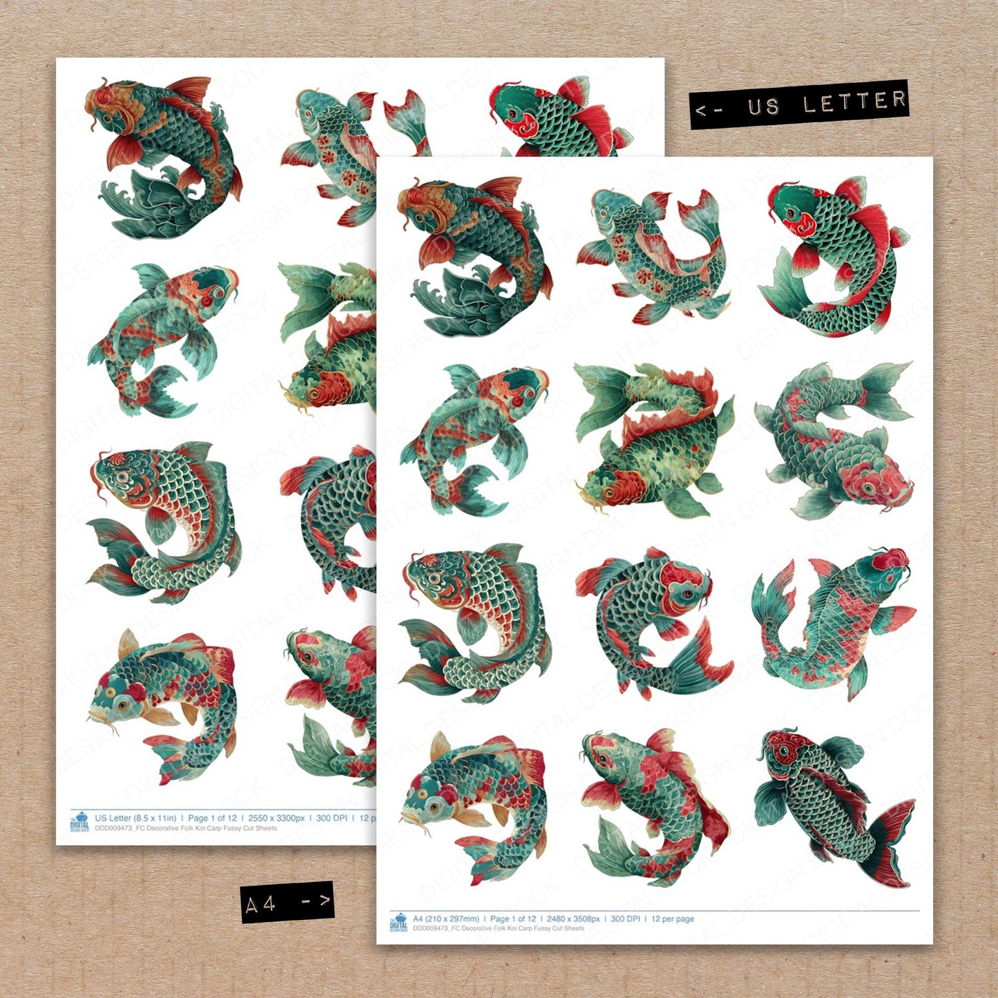 A4 and US Letter format comparison showing Decorative Folk Koi Carp fussy cut pages for print and cut crafting