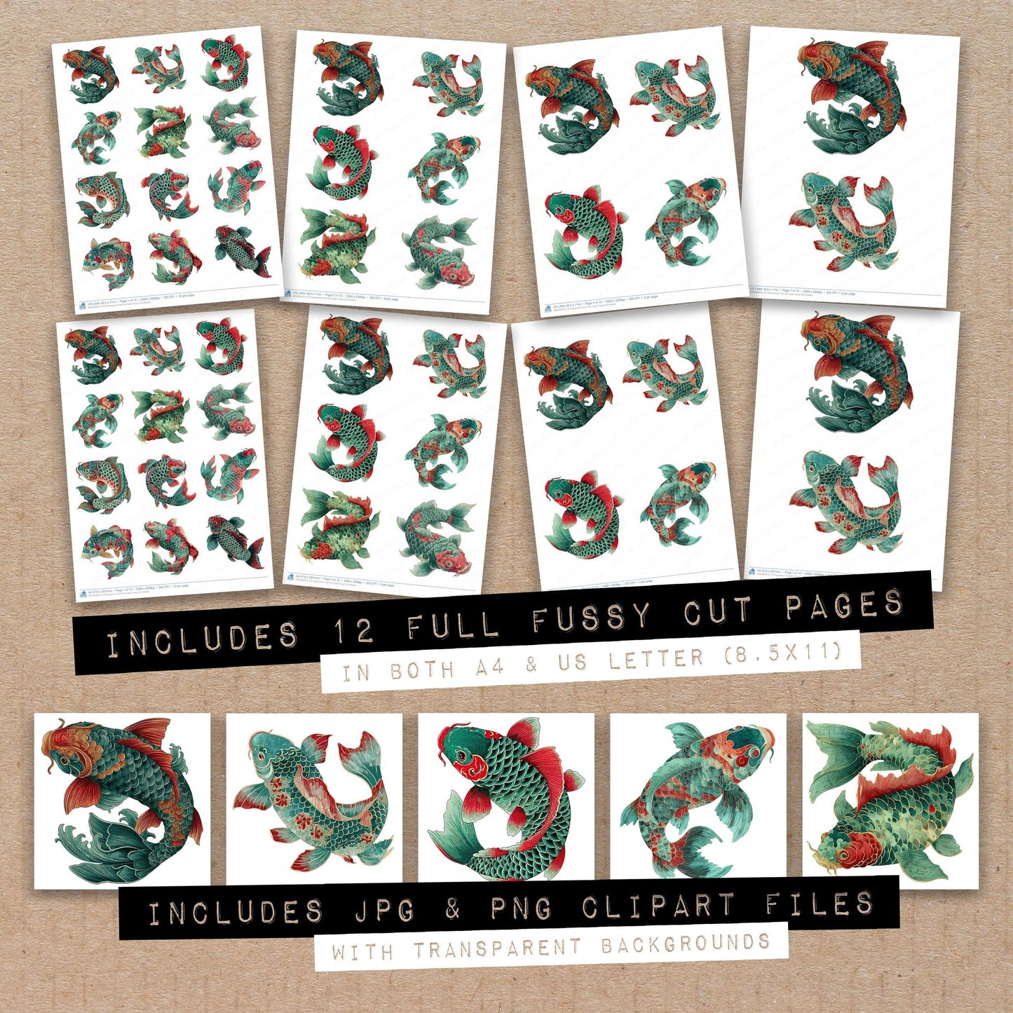 Full collection view of Decorative Folk Koi Carp fussy cut sheets with bonus clipart JPG and PNG files