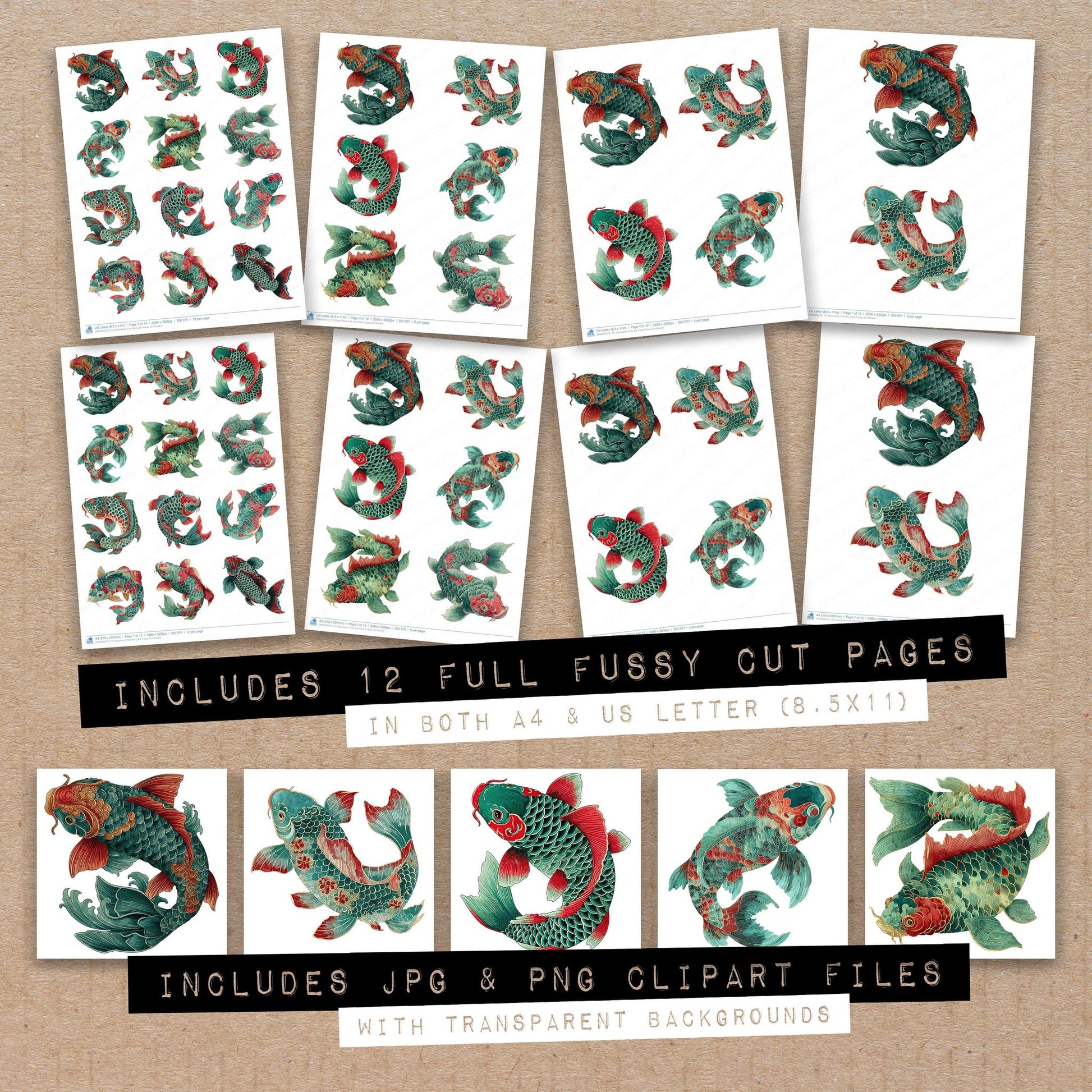 Full collection view of Decorative Folk Koi Carp fussy cut sheets with bonus clipart JPG and PNG files