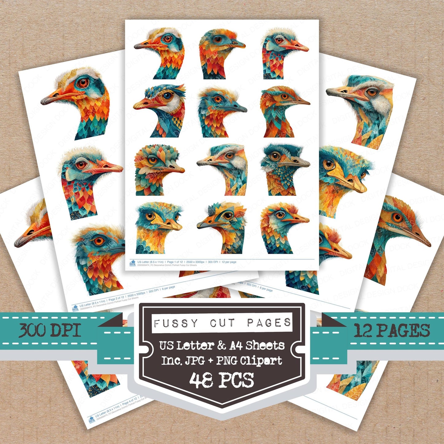Decorative Ostrich Portrait fussy cut printable sheets for junk journaling, scrapbooking, and paper craft projects