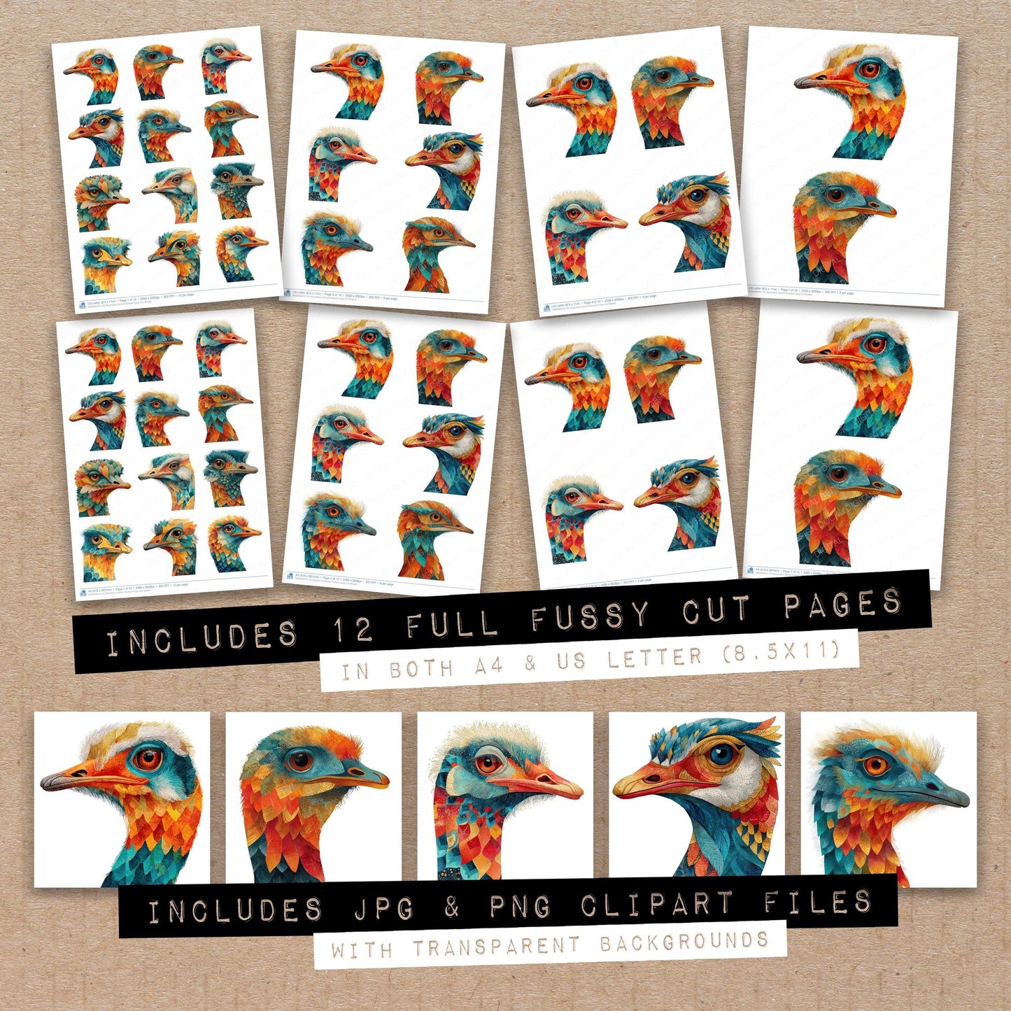 Full collection view of Decorative Ostrich Portrait fussy cut sheets with bonus clipart JPG and PNG files