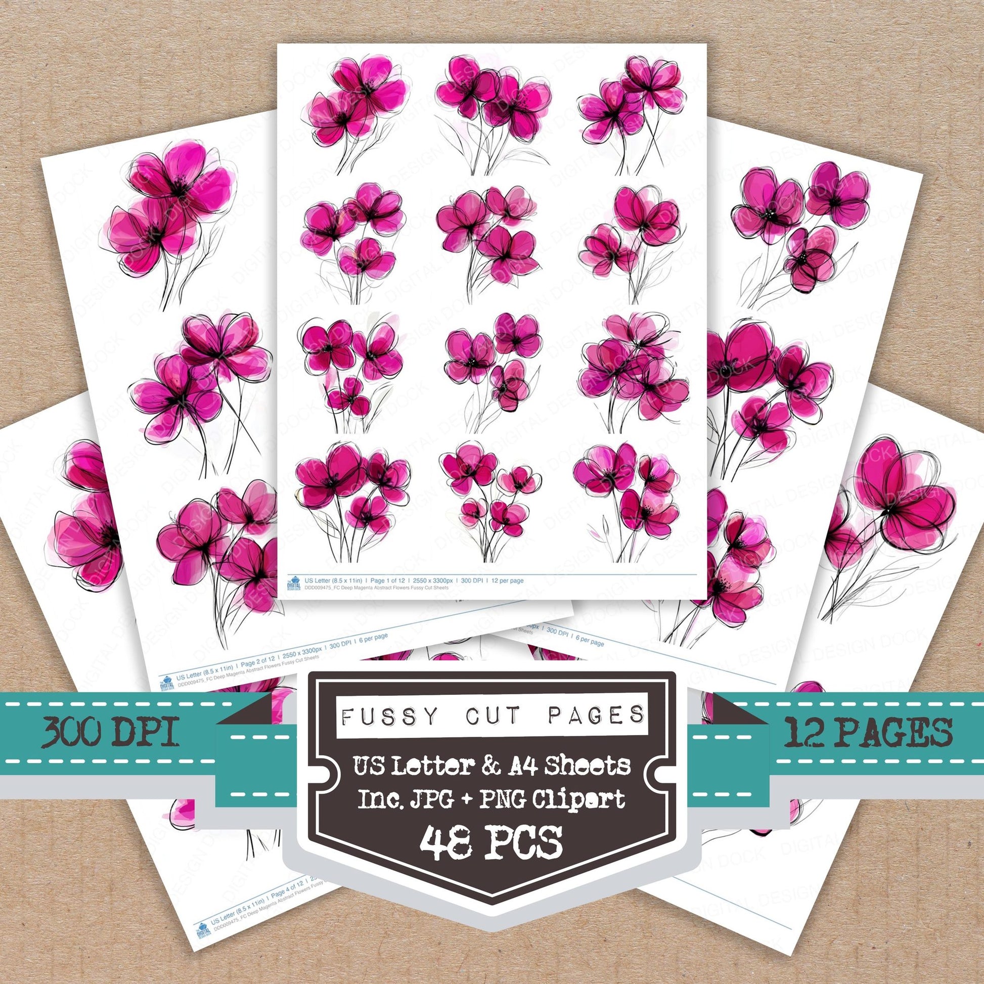 Deep Magenta Abstract Flowers fussy cut printable sheets for junk journaling, scrapbooking, and paper craft projects