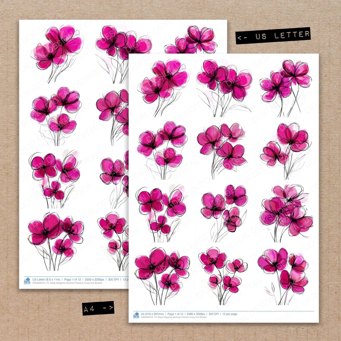 A4 and US Letter format comparison showing Deep Magenta Abstract Flowers fussy cut pages for print and cut crafting