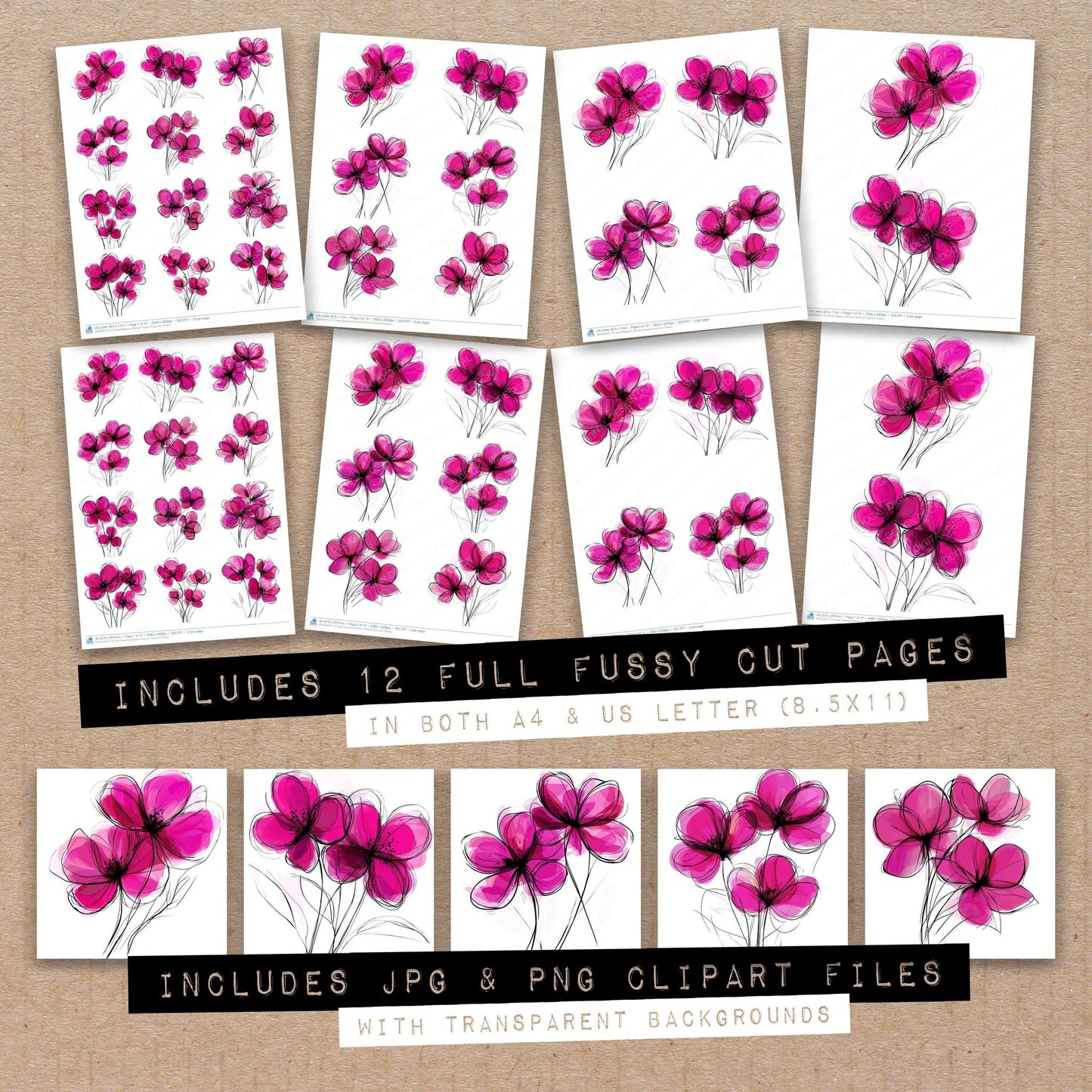 Full collection view of Deep Magenta Abstract Flowers fussy cut sheets with bonus clipart JPG and PNG files