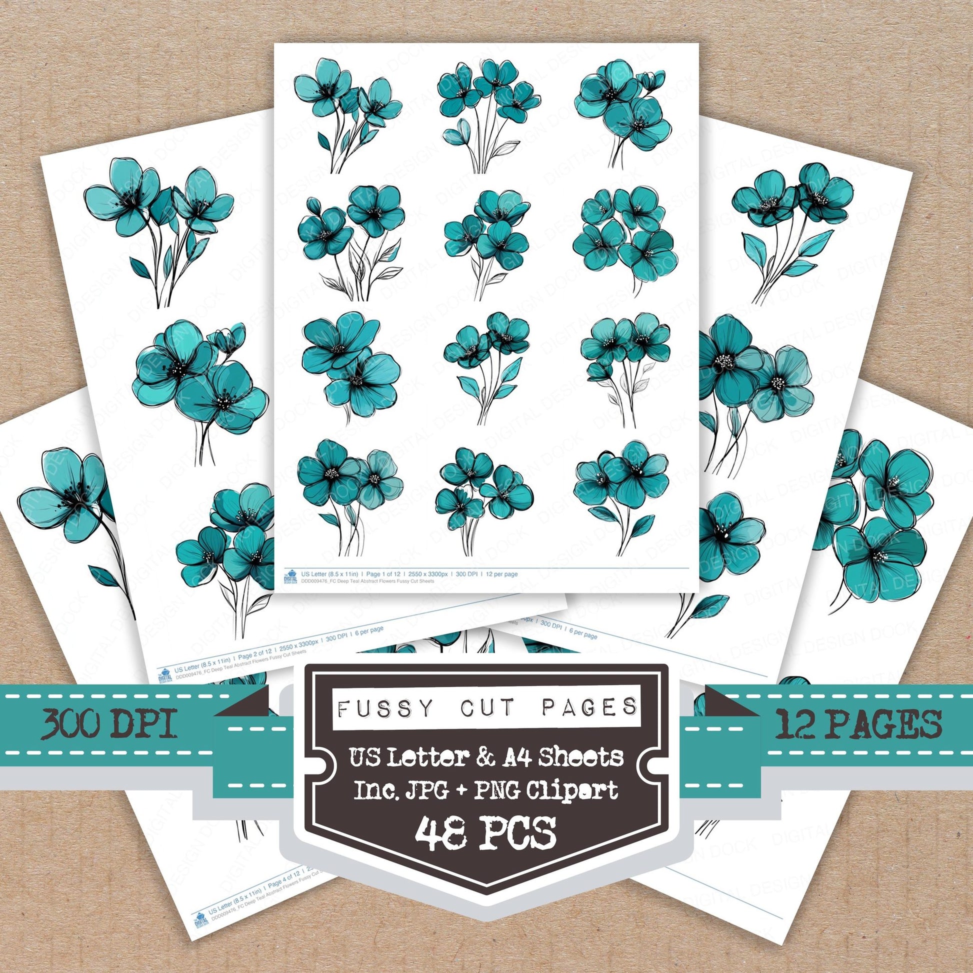 Deep Teal Abstract Flowers fussy cut printable sheets for junk journaling, scrapbooking, and paper craft projects