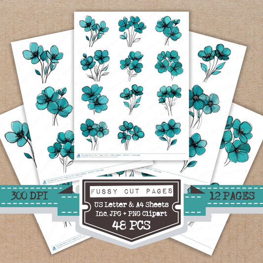 Deep Teal Abstract Flowers fussy cut printable sheets for junk journaling, scrapbooking, and paper craft projects
