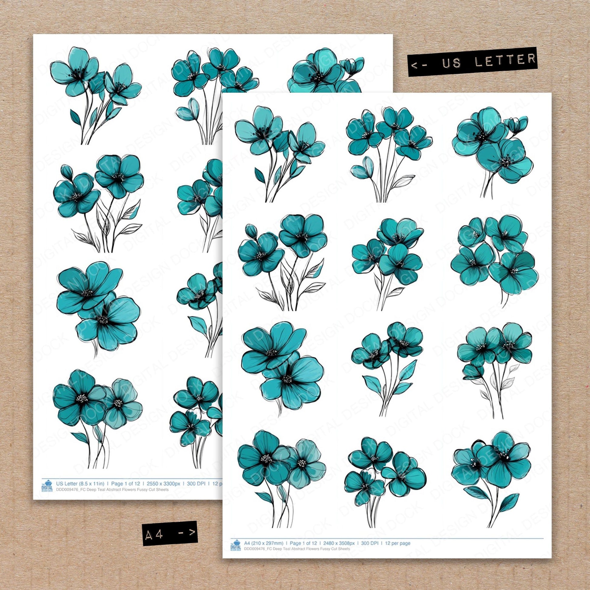 A4 and US Letter format comparison showing Deep Teal Abstract Flowers fussy cut pages for print and cut crafting